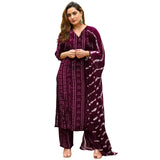 Gosriki Women'S Rayon Blend Straight Bandhej Printed Kurta With Pant & Dupatta (Baghira Wine-Gs_Xxl_Wine_Xx-Large),Wine,2,B0DFY2D44N