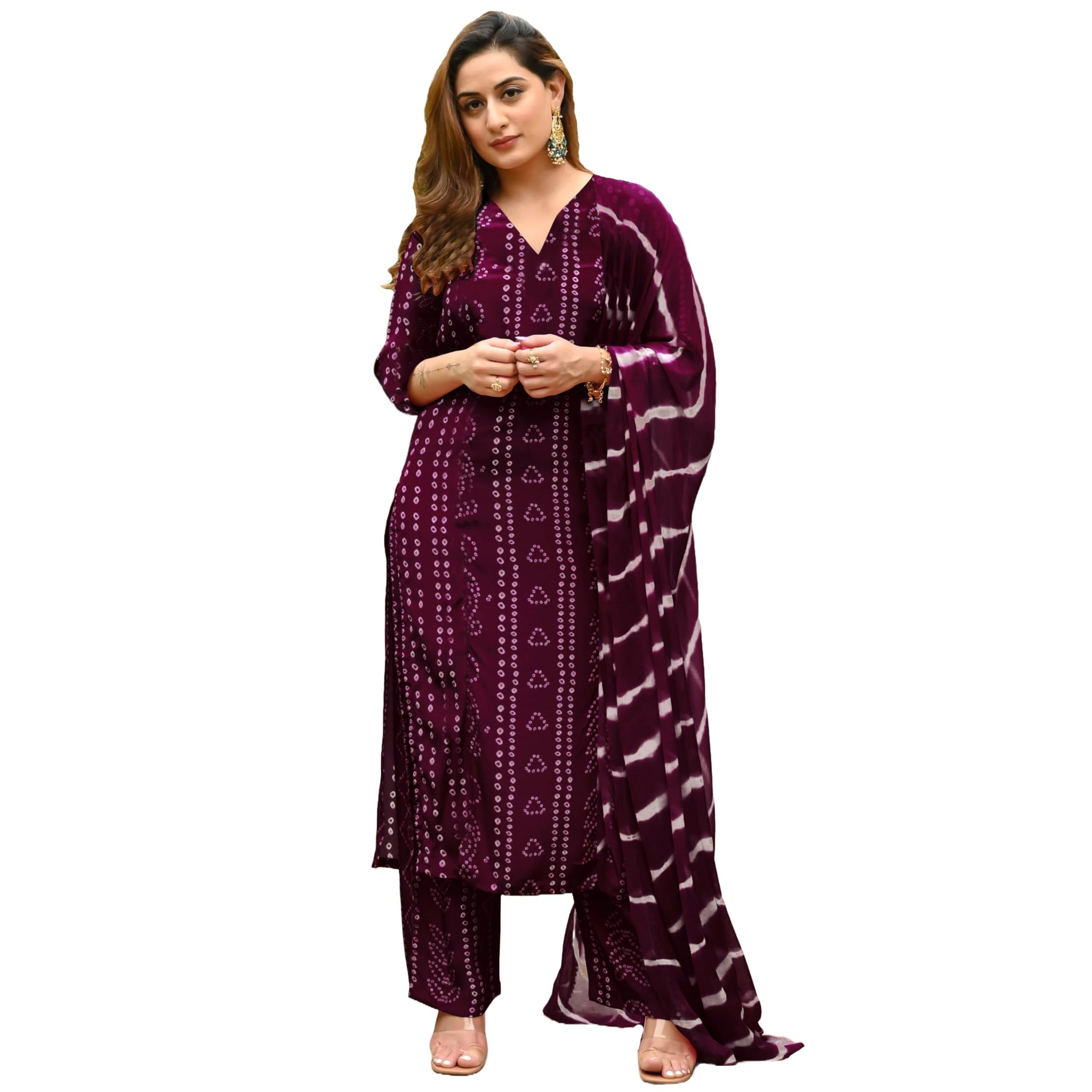 Gosriki Women'S Rayon Blend Straight Bandhej Printed Kurta With Pant & Dupatta (Baghira Wine-Vks01-Gs_M_Wine_Medium),Wine,,B0DFY19TWG