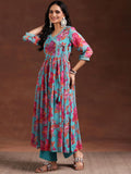 Libas Blue Poly Chiffon Printed Kurta Sets For Women Blue M