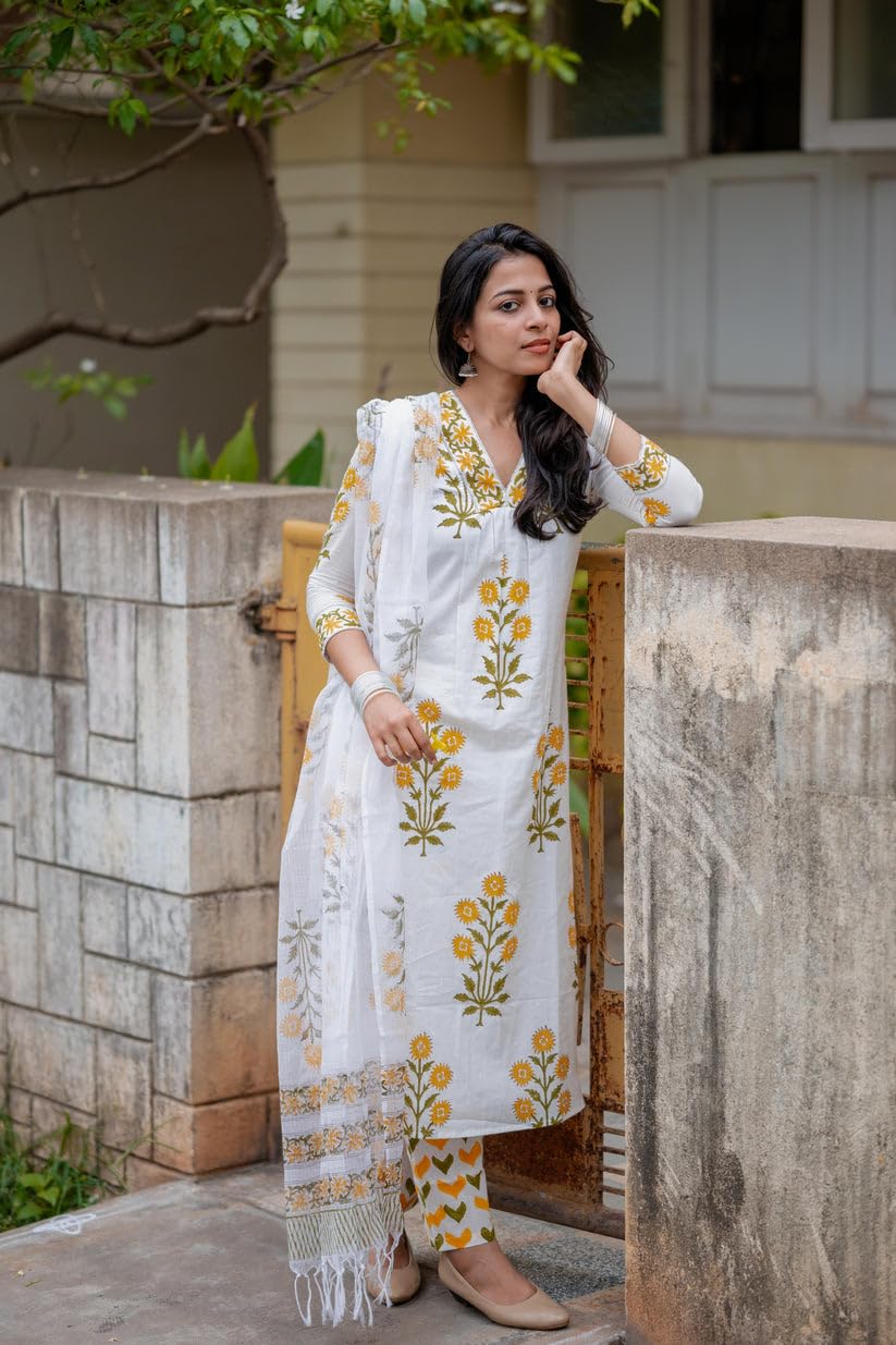 Anni Designer Women'S Rayon Viscose Printed Straight Kurta With Pant & Dupatta (Medal White_S_White_Small),White,S,Rayon,Regular,