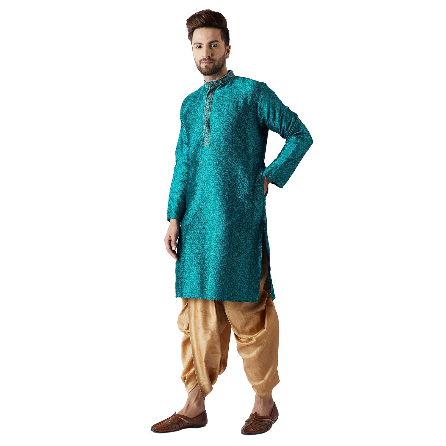 Sojanya (Since 1958, Men'S Teal Green & Gold Silk Blend Kurta & Dhoti Set, Size: Xxl