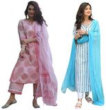 Anni Designer Women'S Cotton Blend Printed Straight Kurta With Pant & Dupatta Pack Of 2 (Combo-Chhapa-Pink-April-Sky Blue_L_Multi_Large),Multicolour,L,,,
