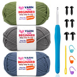 3 Pack Cotton-Nylon Blend Crochet Yarn - Blue, Grey, Green - 3x50g - Easy-to-See Stitches - Crochet & Knitting Kit for Beginners