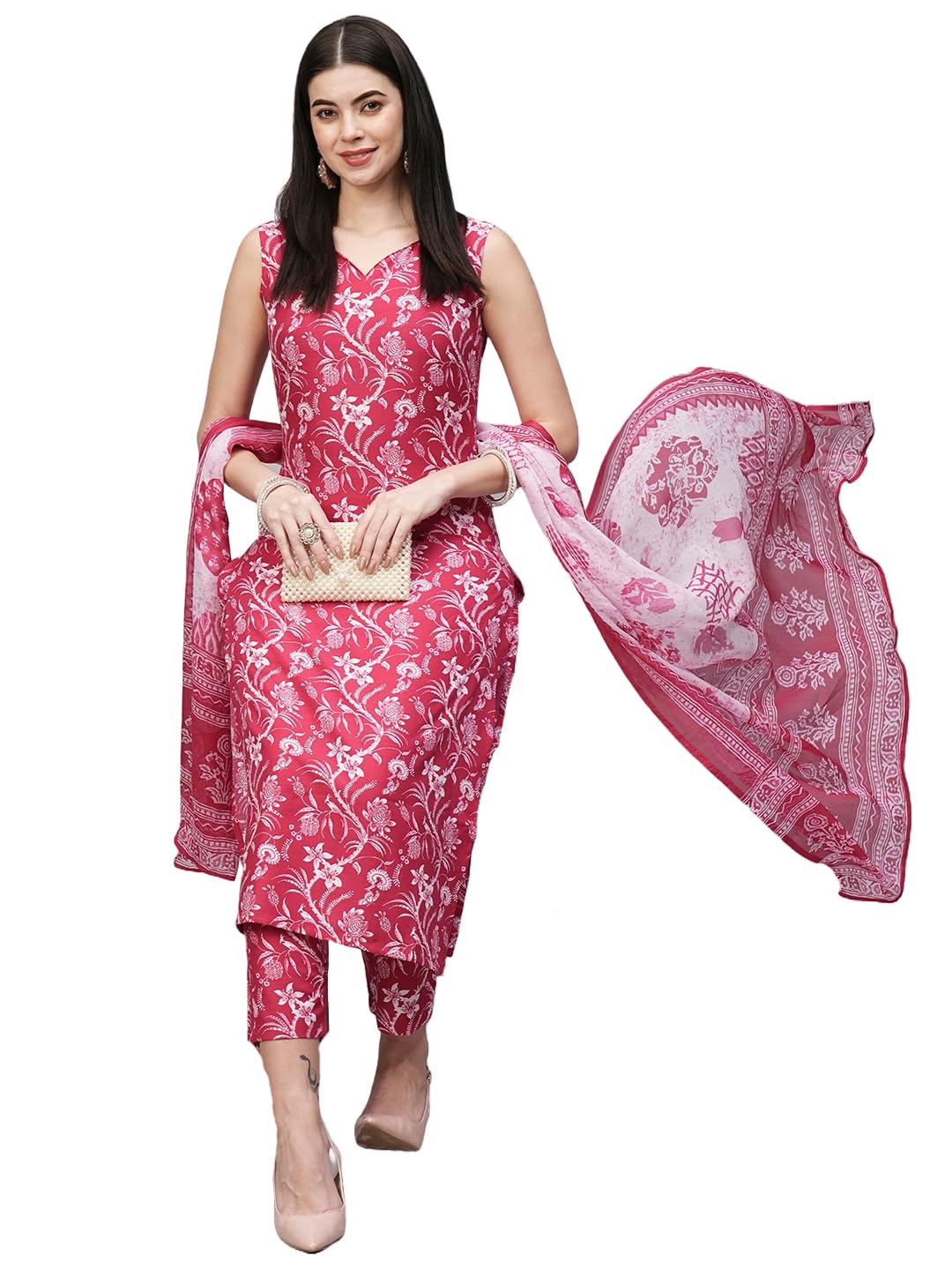 Anni Designer Women'S Rayon Blend Straight Printed Kurta With Pant & Dupatta (Ball-Pink-Rms_L_Pink_Large),Pink,L
