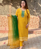 Anni Designer Women'S Rayon Blend Printed Straight Kurta With Pant & Dupatta (Subhi Yellow_S_Yellow_Small),Yellow,S,,,