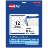 Avery Durable Waterproof Round Labels, Sure Feed Technology, 2.25 Diameter, 300 Total, Oil and Tear-Resistant Waterproof Labels,