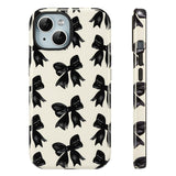 QLTYPRI Case for iPhone 15, Aesthetic Black Ribbon Bow Phone Case for Girls Women, Protective Hybrid 2-Layer Hard Shell Silicone