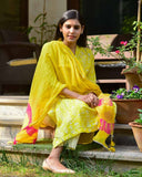 Anni Designer Women'S Cotton Blend Straight Printed Kurta With Pant & Dupatta (Bagru-Yellow_Xl_Yellow_X-Large),Yellow,XL,Cotton Blend,Regular,Dupatta