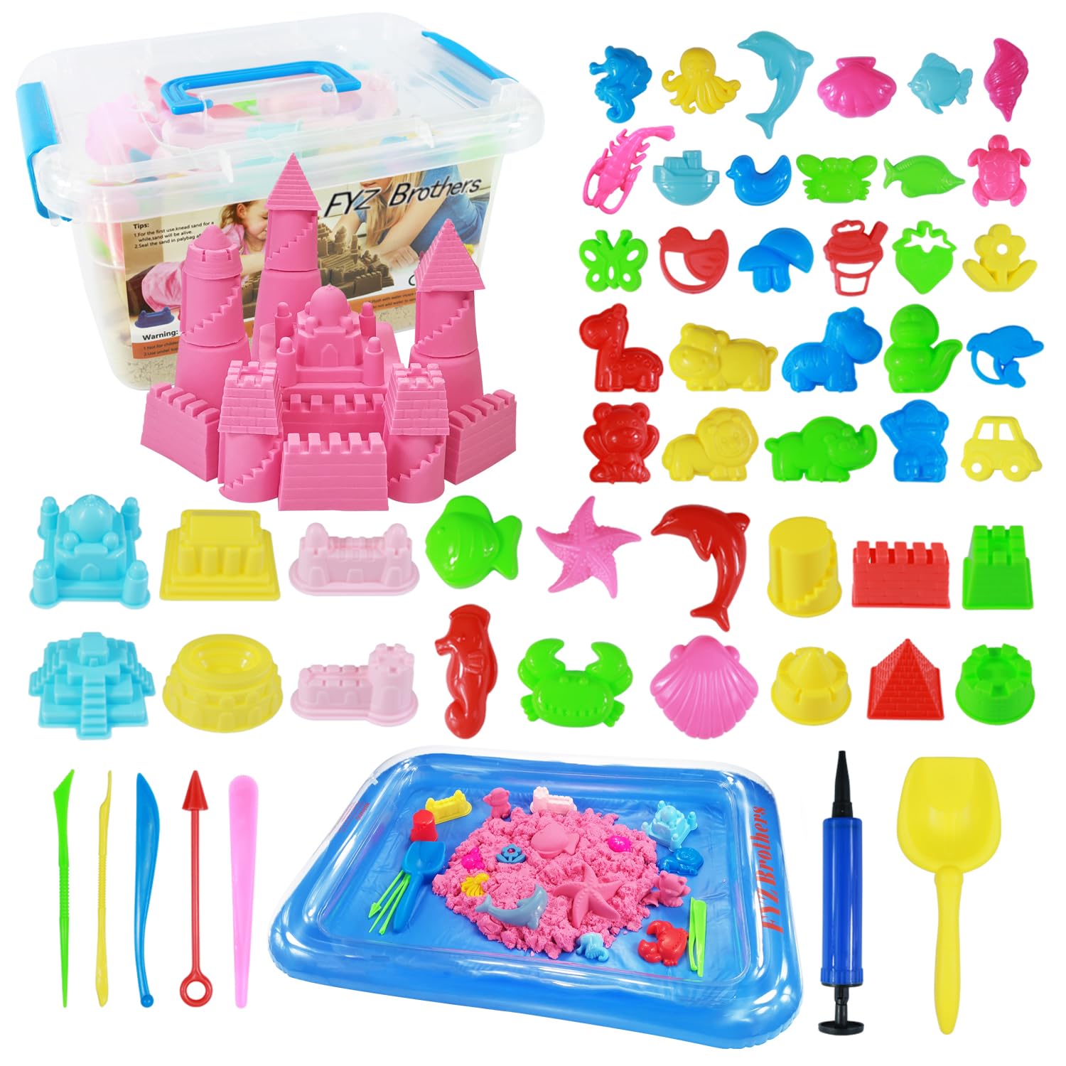 Play Sand Kit, 54Pcs Sandbox Toys Set for Boys Girls, 3lbs Magic Pink Sand, Mold Tools, Inflatable Tray, Storage Box, Funny Birt
