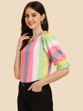 Wedani Women'S Casual Puff Sleeves Ruffled Collor Strip Top (Medium Pink),Pink,M,Polyester,Regular,