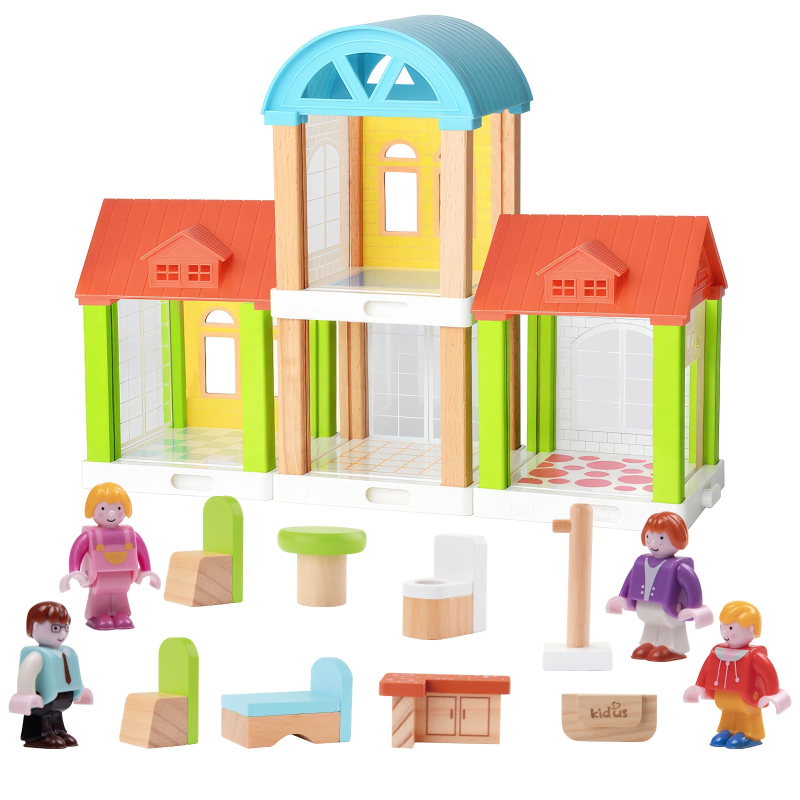 42-Piece Small Wooden Dollhouse Set, 4-Room Family Toy House with 4 Movable Dolls, DIY Doll House Furniture Accessories, Birthda