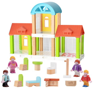 42-Piece Small Wooden Dollhouse Set, 4-Room Family Toy House with 4 Movable Dolls, DIY Doll House Furniture Accessories, Birthda