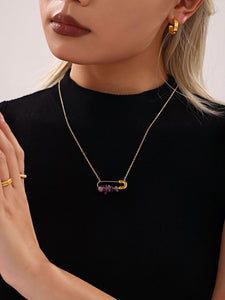 Gold Safety Pin Necklace with Amethyst Stones Stainless Steel Chain Pendant Dainty Crystal Statement Jewelry (15.7in + 1.9in)