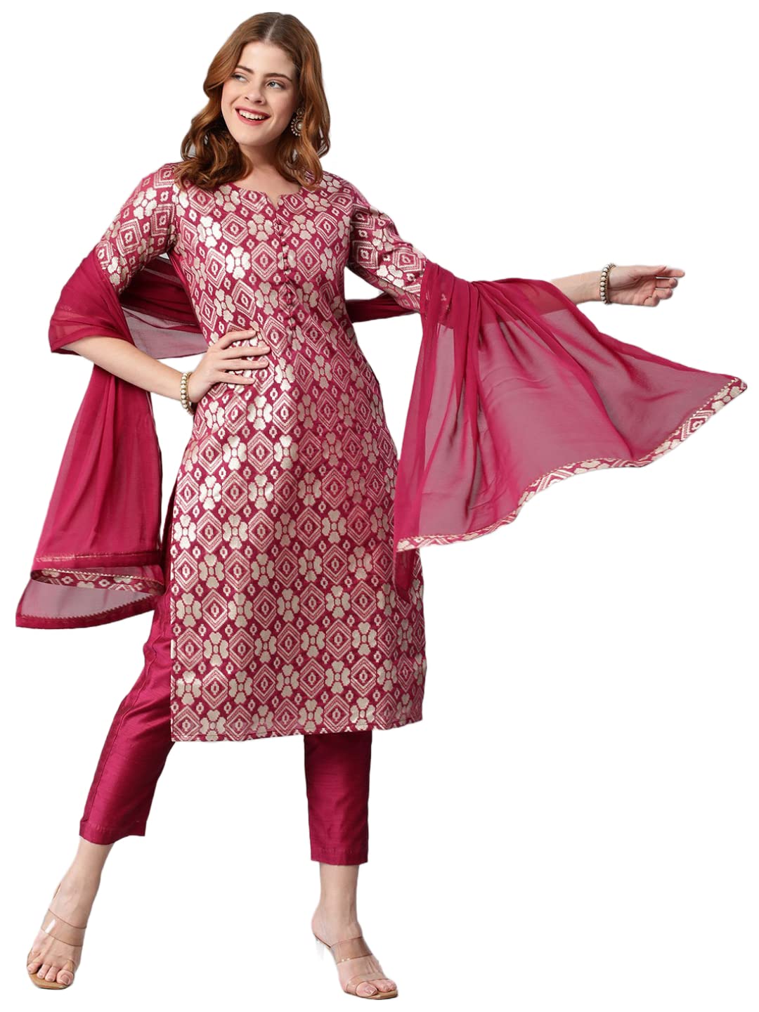 Gosriki Women'S Banarasi Woven Straight Embellished Printed Kurta With Pant & Dupatta (Kabzaa-Wine-Gs_Xl_Wine_X-Large),Wine,,B0BY31ZJR4