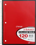 Top Flight Standards 3-Subject Wirebound Notebook, 120 Sheets, 3-Hole Punched, College Rule, 10.5 x 8 Inches, 1 Notebook, Color 