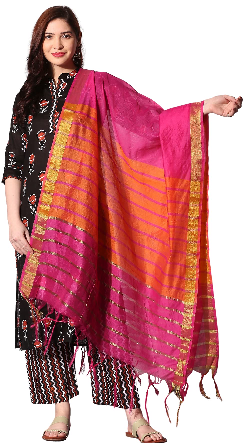 Anni Designer Women'S Pure Cotton Straight Kurta With Palazzo & Dupatta (Kpzd-Cot-10002-Black_Xxl_Black_Xx-Large),Black,2XL