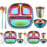 Tioncy 15 Pcs Stainless Steel Kids Dinner Set, 3 Bowls, 3 Balanced Bites Divided Plates, 3 Cups, 3 Spoons and 3 Forks, Stainless