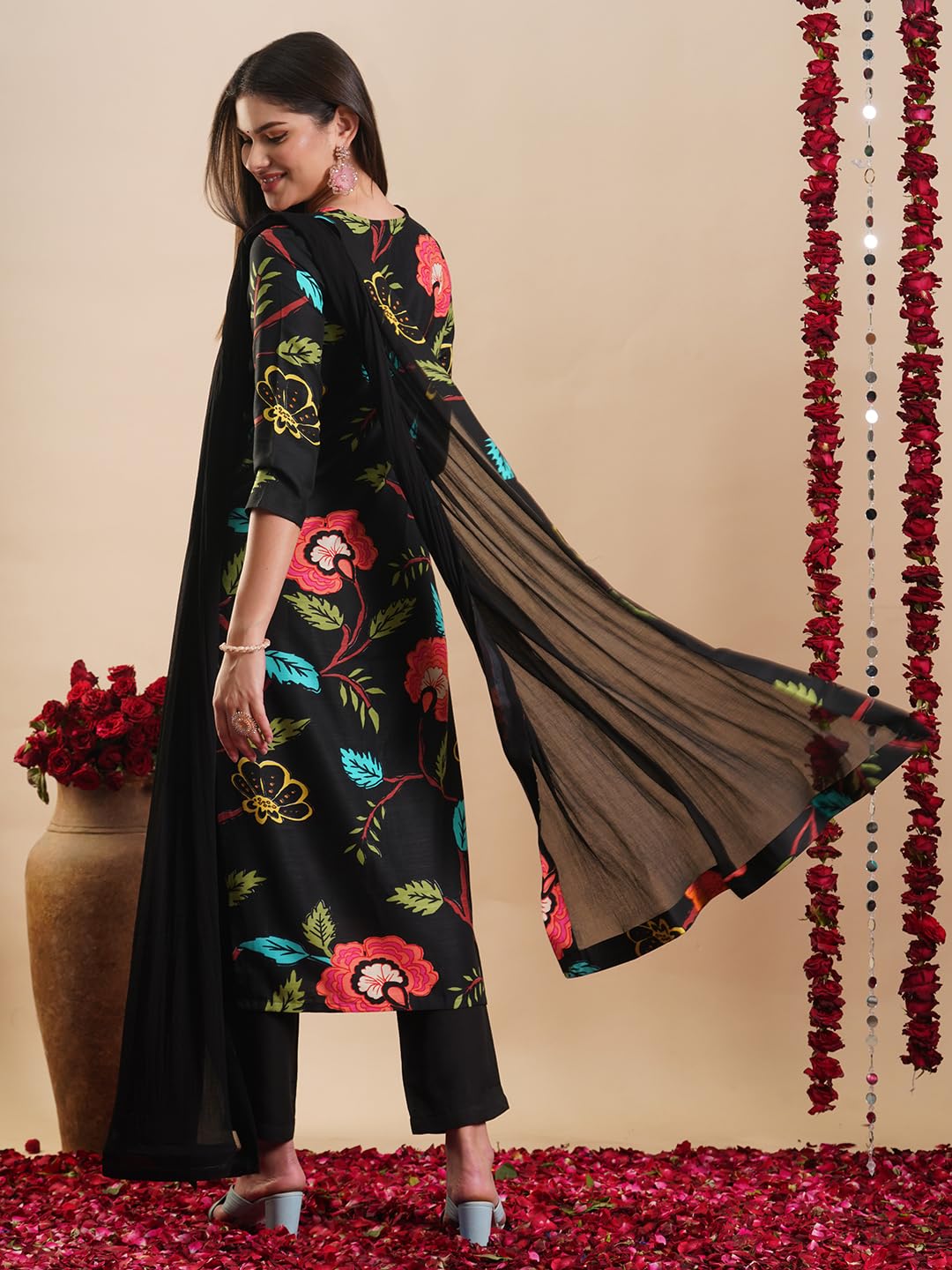 Gosriki Women'S Rayon Blend Straight Printed Kurta With Pant & Dupatta (Twig Black-Gs_Xxl_Black_Xx-Large),Black,2,B0DC6KRJN9