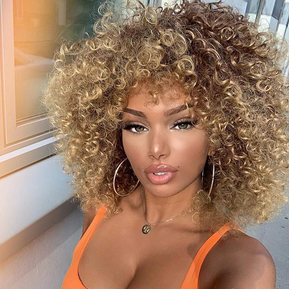 Xinran 14 inch Blonde Curly Wigs 70s, Kinky Brown Mixd Blonde Afro Wigs for Black Women, Synthetic Afro Curly Blonde Wigs for Wo