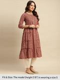 Rangita Rust Cotton Calf Length Printed Tiered Flared Kurti For Women | Kurta For Women_M