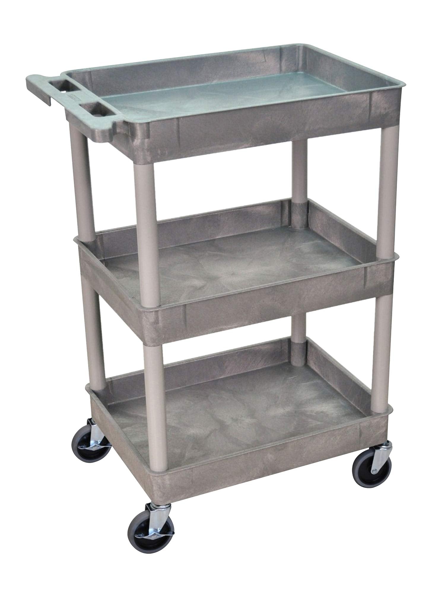 Luxor/H.Wilson Three Shelf Rolling Industrial Utility Tub Cart With Handle, Gray, 24 In W X 18 In D X 39.25 In H
