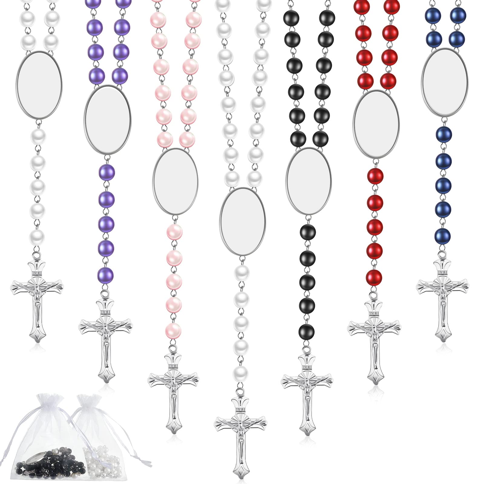 Taiyin 12 Set Sublimation Blank Rosary Prayer Beads Heat Transfer Rosary Necklace Printable Sublimation Necklace with Organza Ba