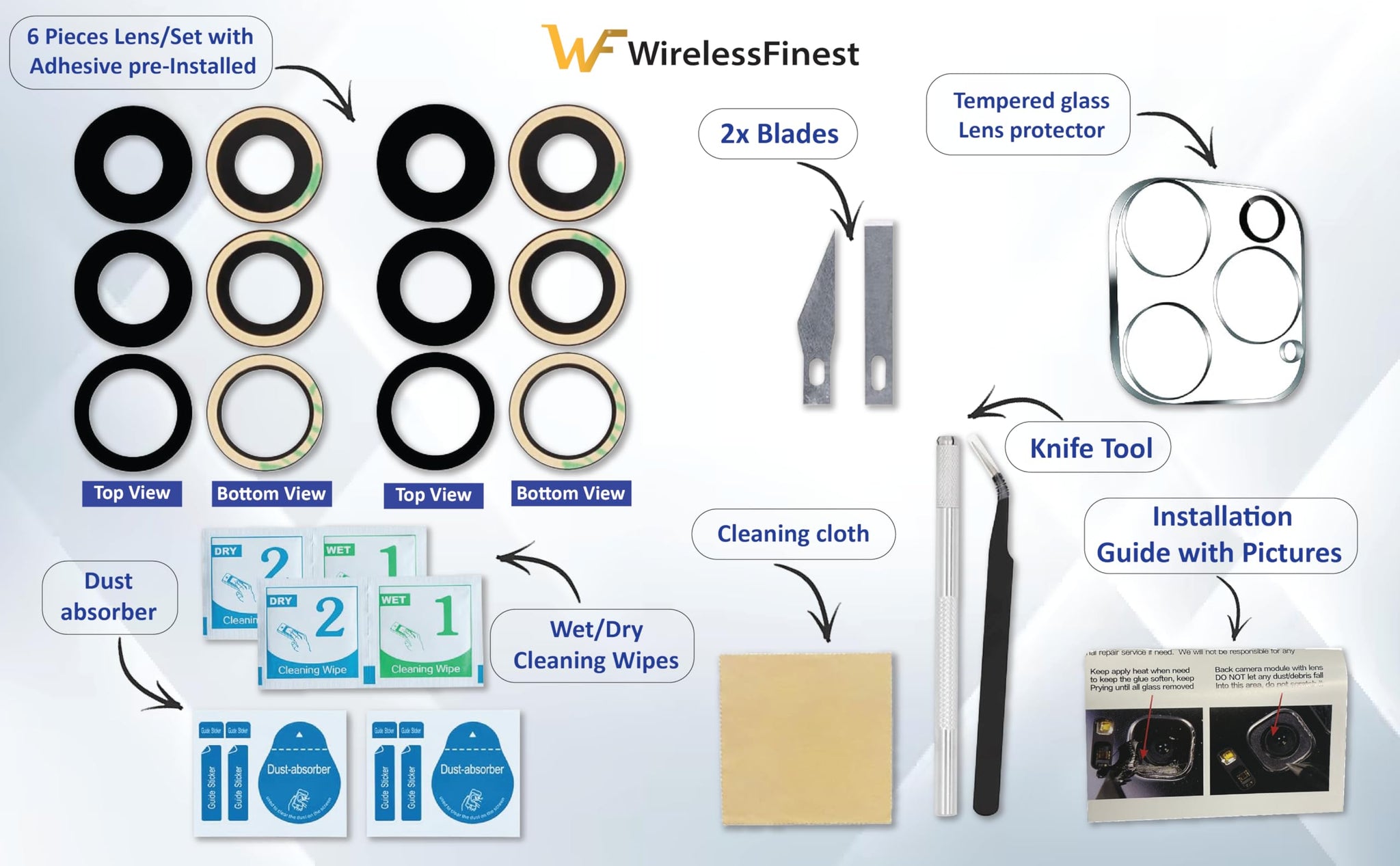 2X Set/6 PCS Back Rear Camera Lens Glass Replacement Kit with Adhesive Pre-Installed Fit for iPhone 13 Pro / 13 Pro Max + Repair