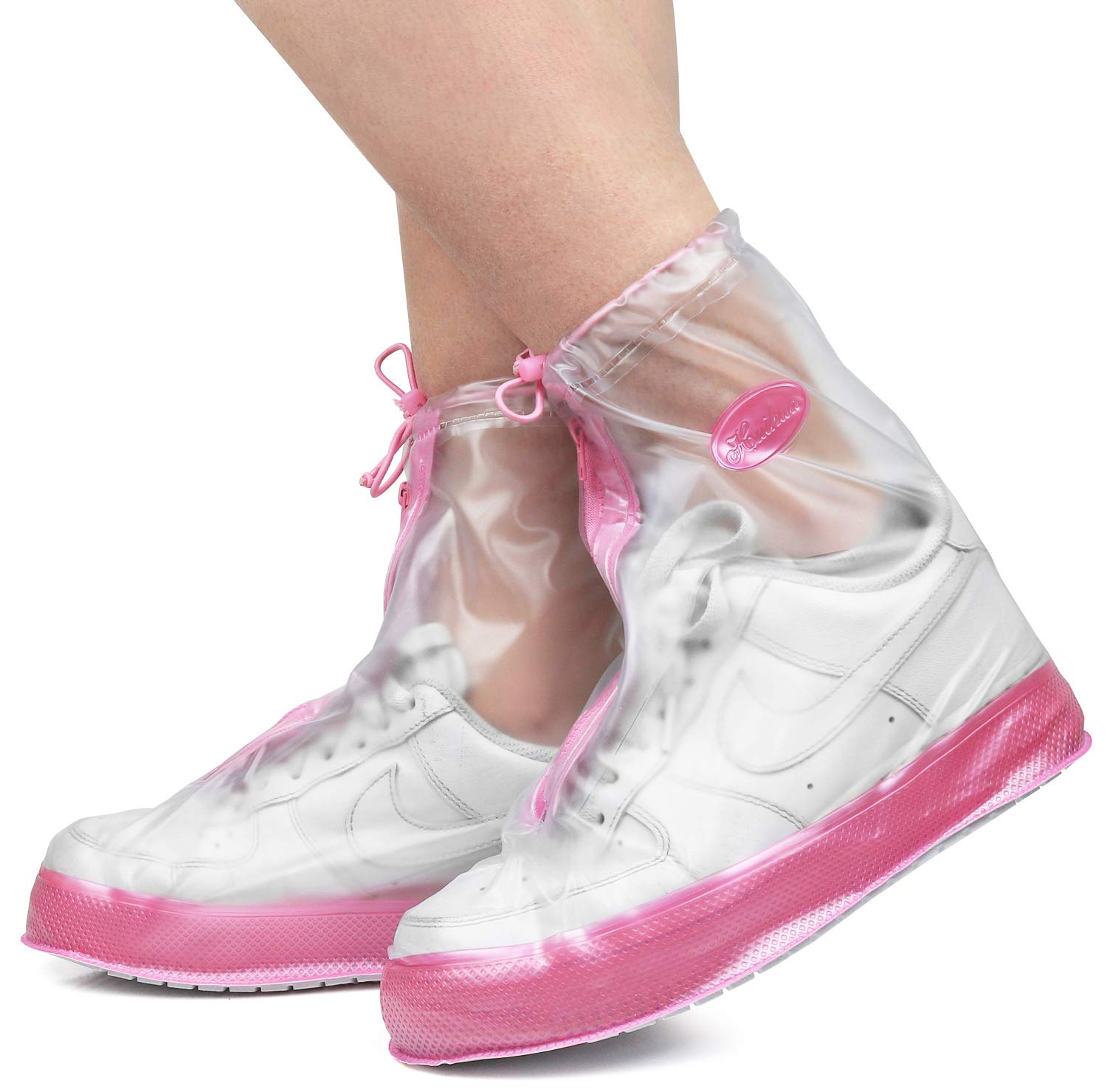 Rain Shoe Covers | Waterproof Shoe Covers for Men Women | Reusable Galoshes Overshoes (Clear/Pink, 4X-Large)