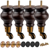 TCHOSUZ 6 inch / 14cm Wooden Furniture Legs with Casters Wheels, Pack of 4 Classic Walnut Solid Wood Round DIY Replacement Bun F