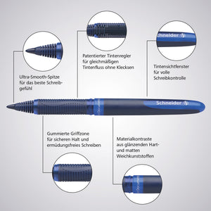 Schneider One Business Rollerball Pen, 0.6 mm Ultra-Smooth Tip, Blue Barrel, Blue Ink, Box of 10 Pens (183003)