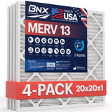 BNX 20x20x1 MERV 13 AC Furnace Air Filter 4 Pack MADE IN USA Electrostatic Pleated Air Conditioner HVAC AC Furnace Filters 