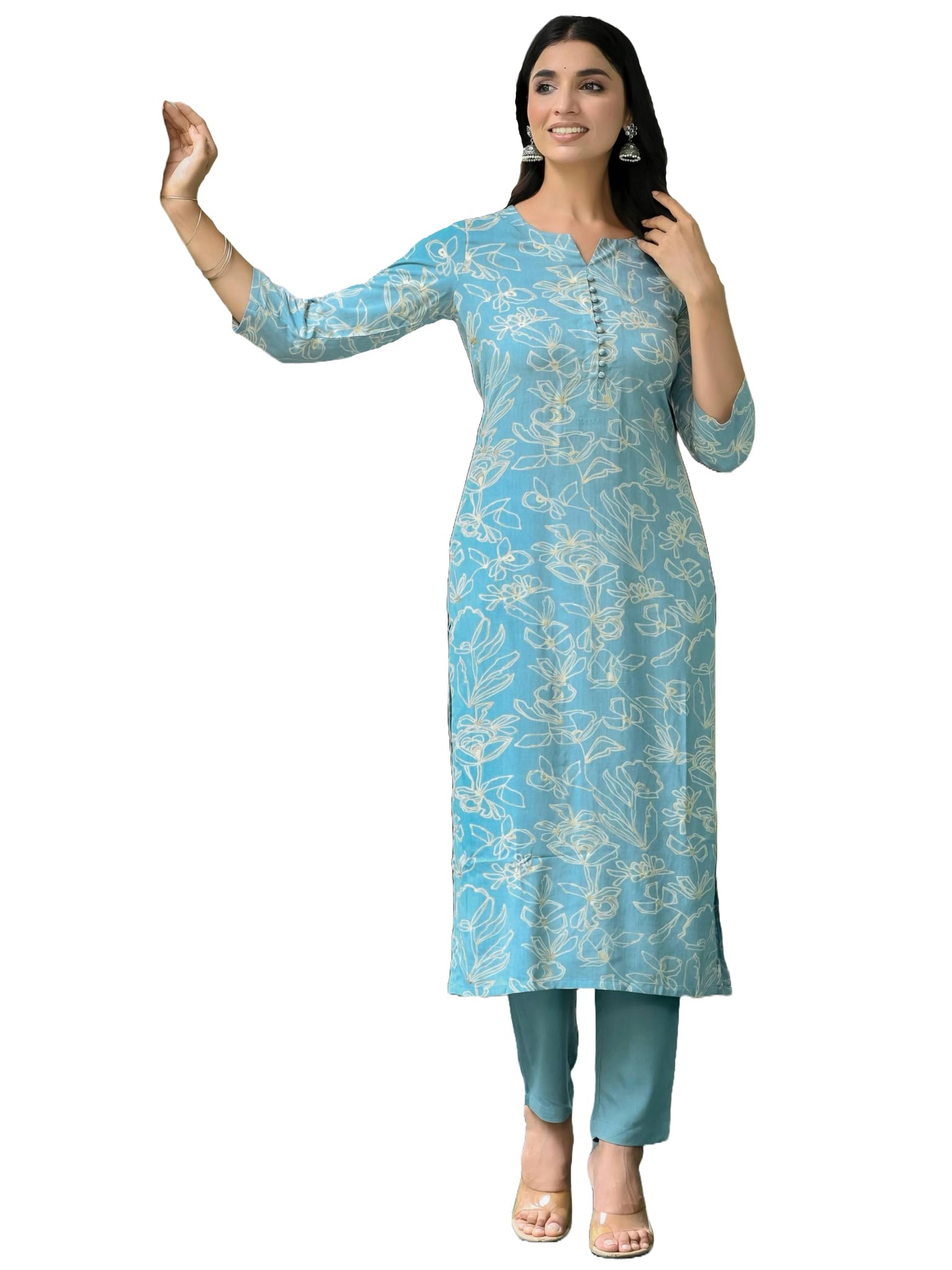 Gosriki Women'S Rayon Blend Straight Printed Kurta With Pant (Ghasi Blue-Vks01-Gs_L_Blue_Large),Blue,,B0DBLZL2W8