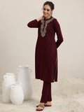 Libas Womens Yoke Design Wool Straight Kurta With Trousers And Dupatta Maroon As Shown