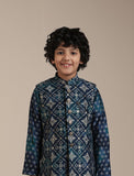 Manyavar Teal Blue Blended Viscose Foil Print Kurta Jacket Pyjama Set For Child