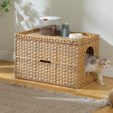MUTTROS Rattan Cat Litter Box Enclosure - Hidden Litter Box Furniture by Handwoven Wicker with Taller Doorway & Raised Edge Mat-