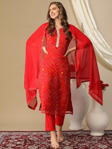 Anni Designer Women'S Cotton Blend Bandhani Printed Straight Kurta With Pant & Dupatta (Turae-Red-Nw_Xxl_Red_Xx-Large),Red,2XL,,,