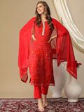 Anni Designer Women'S Cotton Blend Bandhani Printed Straight Kurta With Pant & Dupatta (Turae-Red-Nw_Xxl_Red_Xx-Large),Red,2XL,,,