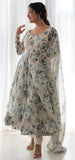 Shasmi Women'S White Grey Georgette Anarkali Floral Printed Kurta With Pant & Dupatta (Dress 114 White Grey M)