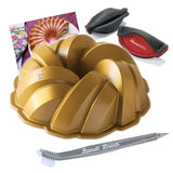 Nordic Ware Braided Bundt Cake Pan 75th Anniversary With 3 in 1 Bundt Cleaning Tool + Recipe Card and Heat Resistant Pot Handle 