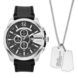 Diesel Mega Chief Stainless Steel And Leather Chronograph Men'S Watch & Necklace Gift Set, Color: Silver, Black (Model: Dz4559),