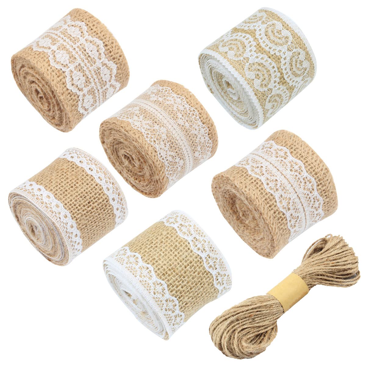 6 Rolls Natural Burlap Ribbon with White Lace and 32 Feet Jute Twine for DIY Home Decoration, Wedding Party and Gift Packaging