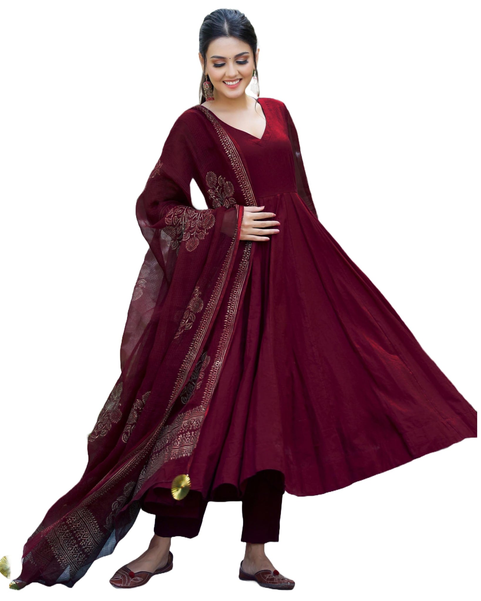 Gosriki Women'S Cotton Blend Solid Anarkali Kurta With Pant & Dupatta (Magic-Wine-Nw-Gs_L_Wine_Large),Wine,,B0CRPD6GBP