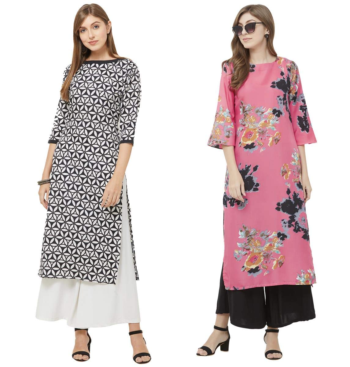 Anni Designer Women'S Multi-Coloured Crepe Straight Calf Length Ethnic Printed Kurti(Pack Of 2)(Kurti-Combo-204_S_1-Multi-Coloured),Multicolour,S