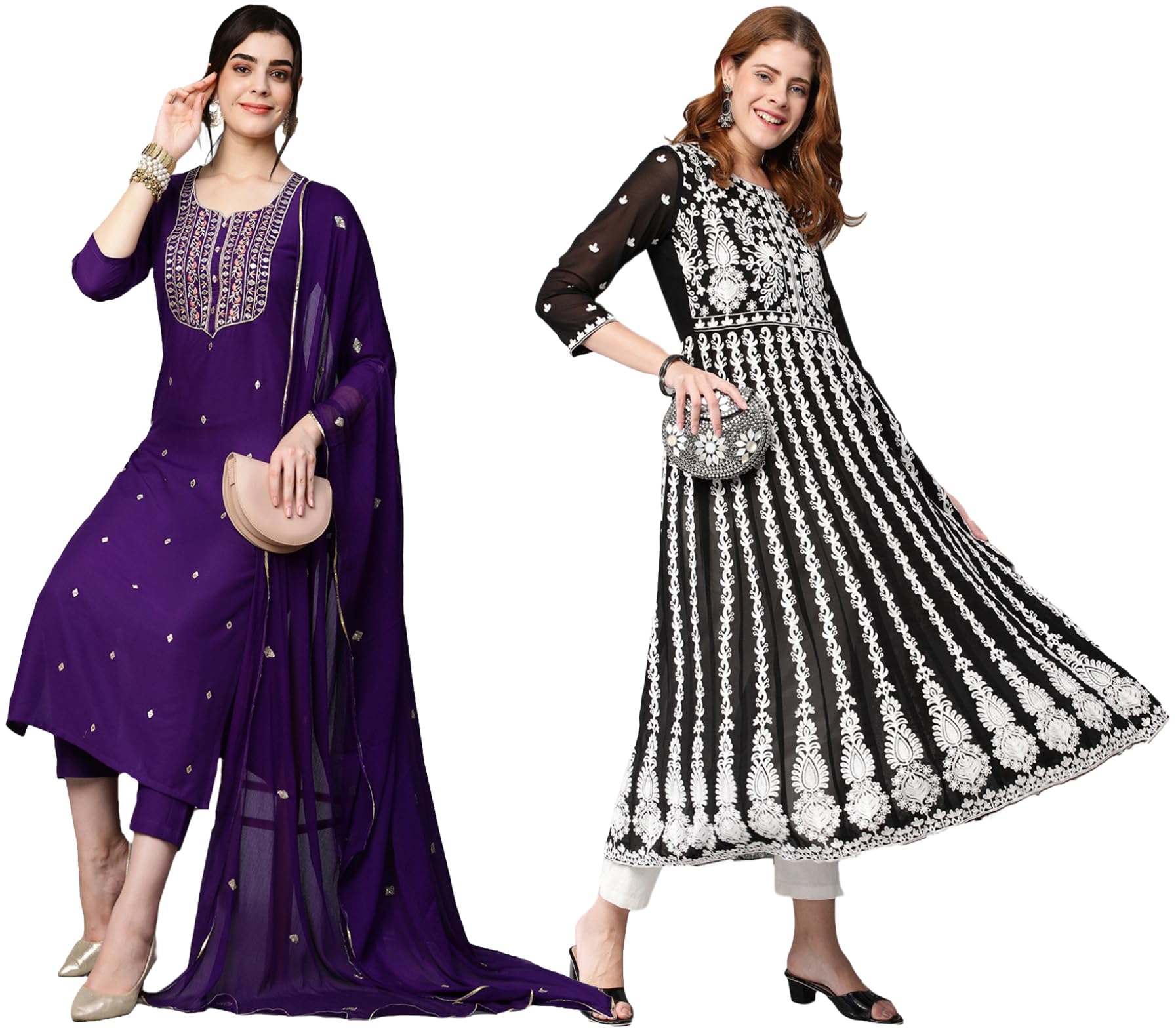 Anni Designer Women'S Cotton Blend Embroidered Straight Kurti Pant Dupatta Set Combo Pack Of 2 (Kasturi Begani & Kari Black_2110_Multicolor_Medium),Multicolour,M,,,