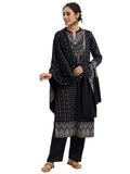 Libas Womens Printed Wool Straight Kurta With Trousers And Dupatta