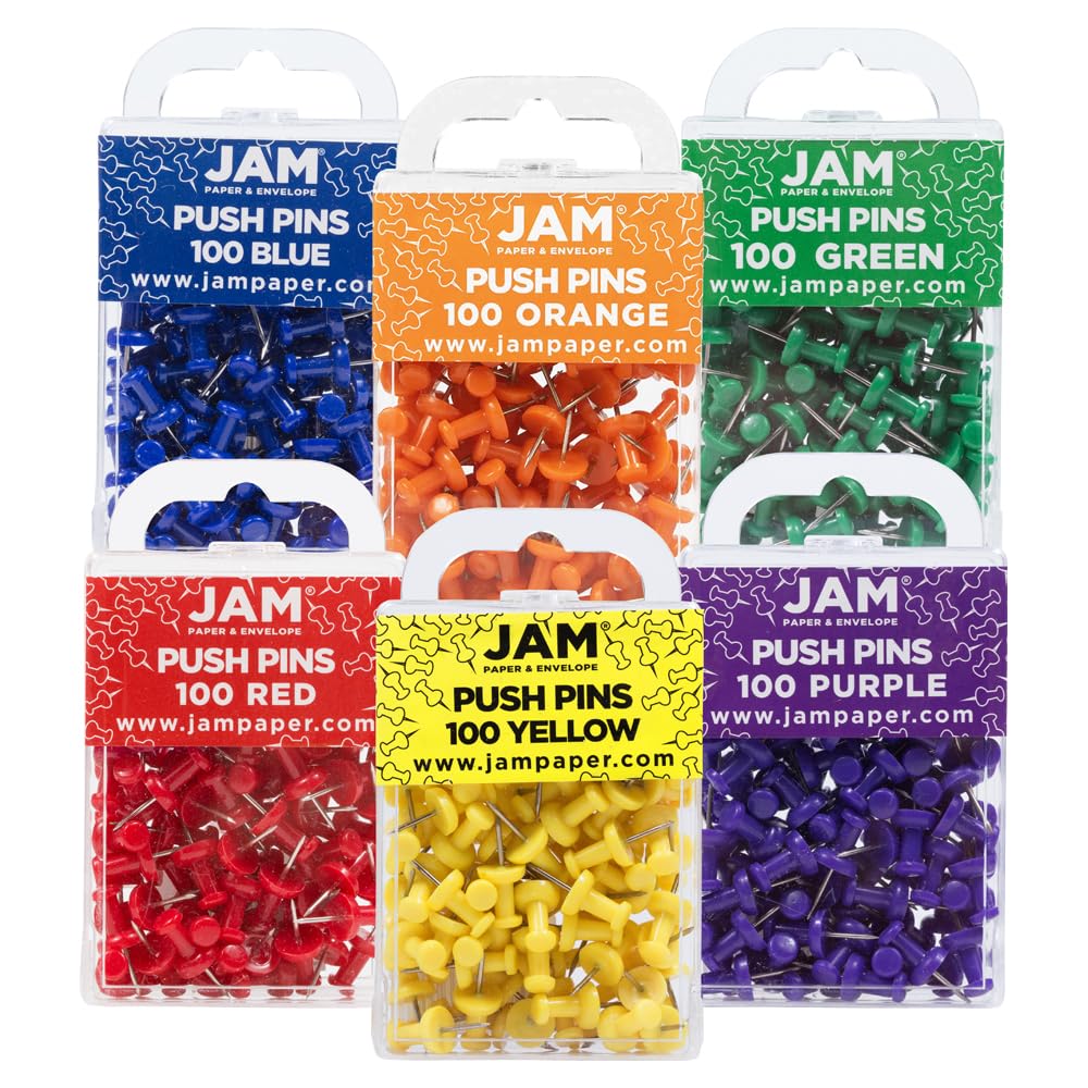 Jam Paper Colorful Push Pins - Assorted Rainbow Colors Thumb Tacks - 6 ...