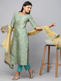 Anni Designer Women'S Banarasi Silk Straight Printed Kurta With Pant & Dupatta (Banarsi-See-Multi_S_Multicolor_Small),Multicolour,S,Silk,Straight,Dupatta