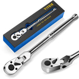 YIYEIE 1/2 Drive Flex Head Ratchet, 72-Tooth Quick-Release, CR-V Steel, Full Chrome, Swivel Head Ratchet Wrench with EVA Foam Tr