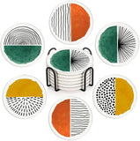 Britimes Coaster for Drinks Set of 6, Simple Retro Round Doodle Circle Absorbent Round Ceramic Stone Mat, with Cork Base and Met