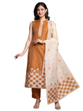 Aspora WomenS Rust Cotton Blend Woven Jacquard Butti Straight Kurta & Pant Set With Contrast Dupatta | Collar Neck Sleeveless G